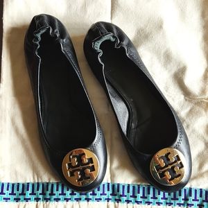 Tory Burch Minnie Black Leather Ballet Flats Size:7